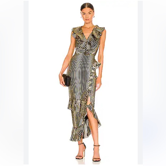 SALONI Dresses & Skirts - Saloni Anita silk blend Black Gold Ruffled Sleeveless Dress